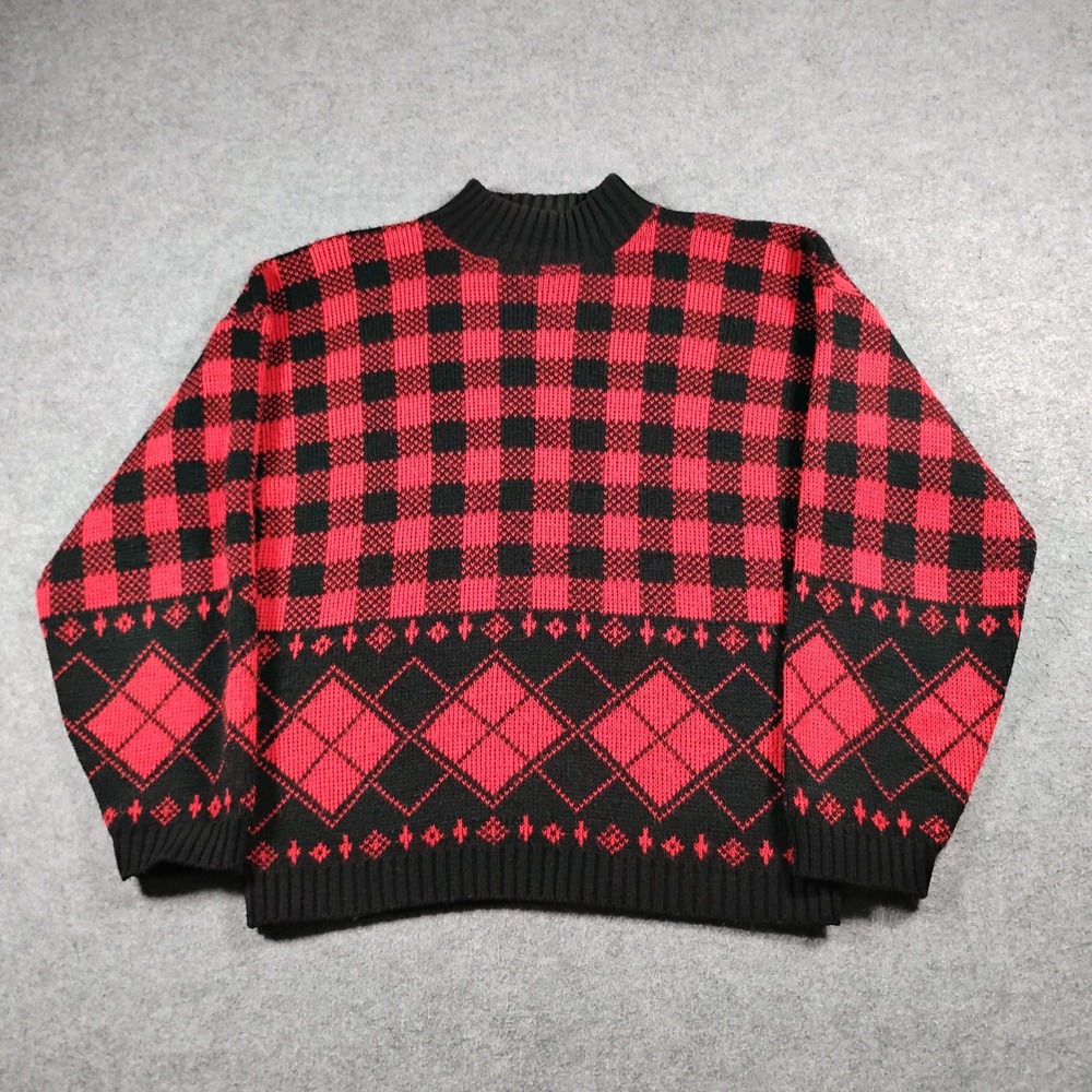 Adele Knitwear Vintage Red Black Buffalo Plaid Argyle Mock Neck Sweater M